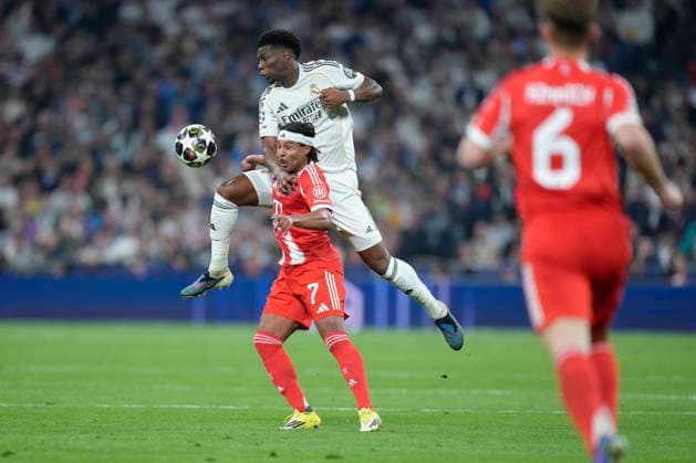 April 7, 2026, Madrid, Madrid, Spain: Aurelien Tchouameni of Real Madrid CF and Serge Gnabry of Bayern Munich in action during the UEFA Champions League 2025 26 Quarter-finals First Leg match between Real Madrid C.F. and Bayern Munich at Bernabeu stadium on April 07, 2026, in Madrid, Spain. Real Madrid C.F. V Bayern Munich - UEFA Champions League 2025 26 Quarter-Finals First Leg  - ZUMAa181 20260407_zaa_a181_441 Copyright: xOscarxJ.xBarrosox