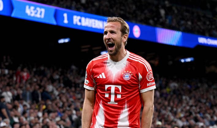 FUSSBALL CHAMPIONS LEAGUE SAISON 2025 2026 Viertelfinal Hinspiel 07.04.2026 Real Madrid - FC Bayern Muenchen Jubel FC Bayern Muenchen nach dem Tor zum 0 -2, Torschuetze Harry Kane