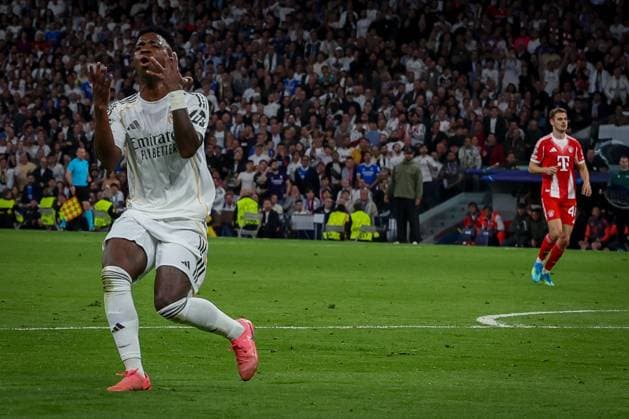 Enttaeuschung, Frust bei Vinicius Paixao de Oliveira Junior Vini Jr. 7 (Real Madrid) nach einer vergebenen Chance, Real Madrid vs. FC Bayern Muenchen, Fussball, Maenner, UEFA Champions League, Saison 2025 2026, Viertelfinal-Hinspiel (Quarter Finals 1st Leg), 07.04.2026 Madrid Madrid Spanien