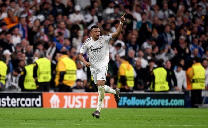 FUSSBALL CHAMPIONS LEAGUE SAISON 2025 2026 Viertelfinal Hinspiel 07.04.2026 Real Madrid - FC Bayern Muenchen Jubel nach dem Tor zum 1 - 2, Kylian Mbappe (Real Madrid)