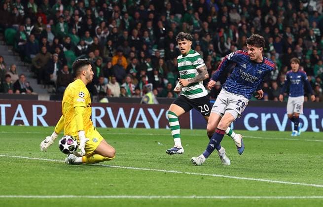 Kai Havertz of Arsenal scores the opening goal Sporting v Arsenal, UEFA Champions League, Quarter Final, First Leg, Football, Estadio Jose Alvalade, Lisbon, Portugal - 07 Apr 2026Lisbon Estádio José Alvalade Portugal EDITORIAL USE ONLY No use with unauthorised audio, video, data, fixture lists, club league logos or live services. Online in-match use limited to 120 images, no video emulation. No use in betting, games or single club league player publications. Copyright: xMichaelxZemanek Shutterstockx 16811860ai