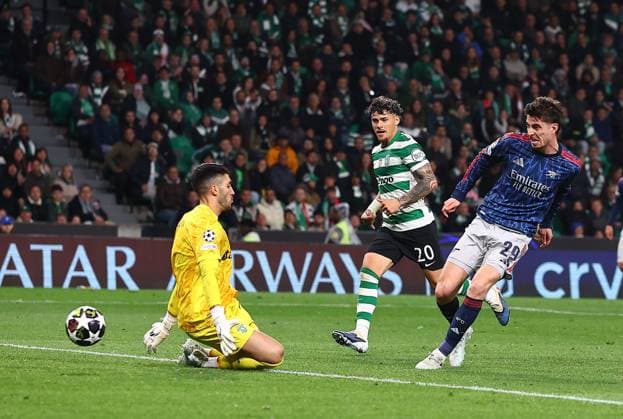 Kai Havertz of Arsenal scores the opening goal Sporting v Arsenal, UEFA Champions League, Quarter Final, First Leg, Football, Estadio Jose Alvalade, Lisbon, Portugal - 07 Apr 2026Lisbon Estádio José Alvalade Portugal EDITORIAL USE ONLY No use with unauthorised audio, video, data, fixture lists, club league logos or live services. Online in-match use limited to 120 images, no video emulation. No use in betting, games or single club league player publications.  Copyright: xMichaelxZemanek Shutterstockx 16811860aj