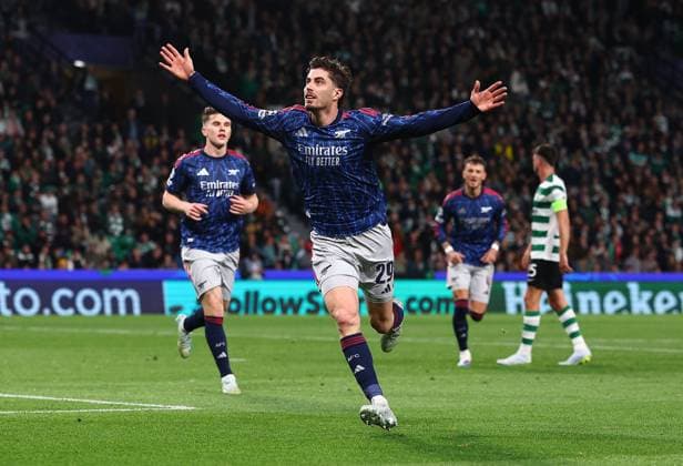 Kai Havertz of Arsenal celebrates scoring the winning match goal Sporting v Arsenal, UEFA Champions League, Quarter Final, First Leg, Football, Estadio Jose Alvalade, Lisbon, Portugal - 07 Apr 2026Lisbon Estádio José Alvalade Portugal EDITORIAL USE ONLY No use with unauthorised audio, video, data, fixture lists, club league logos or live services. Online in-match use limited to 120 images, no video emulation. No use in betting, games or single club league player publications. Copyright: xMichaelxZemanek Shutterstockx 16811860an
