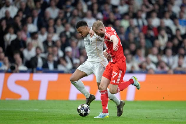 April 7, 2026, Madrid, Madrid, Spain: Kylian Mbappe of Real Madrid CF and Konrad Laimer of Bayern Munich in action during the UEFA Champions League 2025 26 Quarter-finals First Leg match between Real Madrid C.F. and Bayern Munich at Bernabeu stadium on April 07, 2026, in Madrid, Spain. Madrid Spain - ZUMAa181 20260407_zaa_a181_508 Copyright: xOscarxJ.xBarrosox