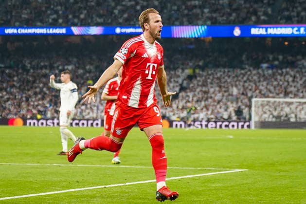 Spanien: Fussball UEFA Champions League 2025 2026, Viertelfinale - Real Madrid vs FC Bayern München - Bernabeu (Madrid): Tor und Torjubel zum 0:2 durch Harry Kane (FC Bayern München, 9) Freude, Emotionen, Jubel Copyright: xJOERANxSTEINSIEKx