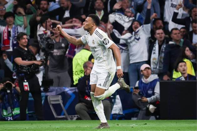 UEFA Champions League quarterfinal first leg soccer match Real Madrid vs Bayern Munich at Santiago Bernabeu stadium in Madrid, Spain. 07 April 2026 Kylian Mbappe celebrates a goal 900 Cordon Press  900 CordonxPress LOF - Champions League Real Madrid vs Bayern Munich
