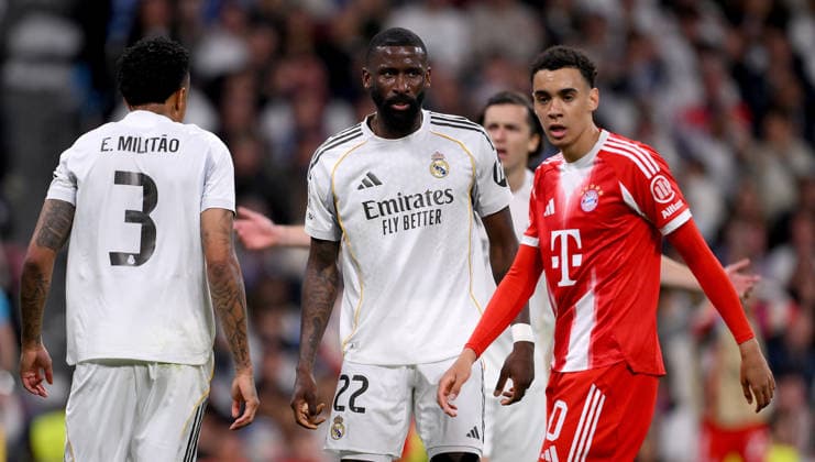 FUSSBALL CHAMPIONS LEAGUE SAISON 2025 2026 Viertelfinal Hinspiel 07.04.2026 Real Madrid - FC Bayern Muenchen Antonio Ruediger (li, Real Madrid) gegen Jamal Musiala (re, FC Bayern Muenchen)