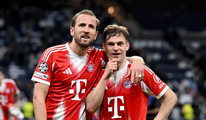 FUSSBALL CHAMPIONS LEAGUE SAISON 2025 2026 Viertelfinal Hinspiel 07.04.2026 Real Madrid - FC Bayern Muenchen Torschuetze Harry Kane (li, FC Bayern Muenchen) umarmt Joshua Kimmich (re, FC Bayern Muenchen)