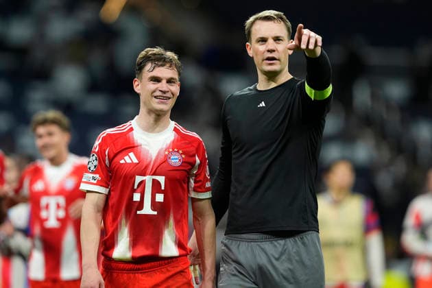 REAL MADRID CF v BAYERN MUNCHEN. CHAMPIONS LEAGUE 2025 2026. QUARTER FINALS. 1ST LEG MATCH. Bayern Munchen™s Joshua Kimmich (l) and Manuel Neuer celebrate the victory in Champions League 2025 2026, Quarter-finals, first Leg match. April 7, 2026 (ALTERPHOTOS Acero) MadridSpain  Copyright: xAcerox