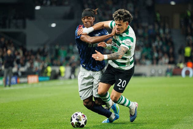 Noni Madueke and Maxi Araujo seen during UEFA Champions League quarterfinal game between teams of Sporting CP and Arsenal FC at Estadio Jose Alvalade (Maciej Rogowski Ball Raw Images) Lisbon Estadio Jose Alvalade Portugal Copyright: xMaciejxRogowskix MaciejRogowskiSportingArsenal252629