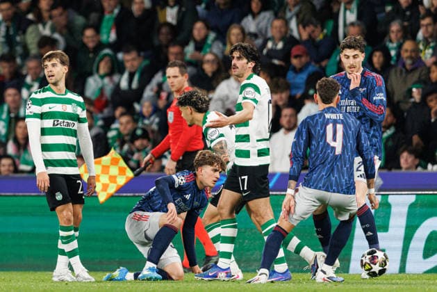 Daniel Braganca, Max Dowman and Francisco Trincao seen during UEFA Champions League quarterfinal game between teams of Sporting CP and Arsenal FC at Estadio Jose Alvalade (Maciej Rogowski Ball Raw Images) Lisbon Estadio Jose Alvalade Portugal Copyright: xMaciejxRogowskix MaciejRogowskiSportingArsenal2526489