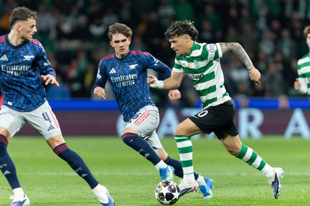 April 7, 2026, Lisbon, Lisbon, Portugal: Sporting defender from Uruguay MAXI ARAUJO (20) (R) in action during the game for the 1st Leg of the Quarter-Finals for the UEFA Champions League between Sporting and Arsenal at Estadio Jose de Alvalade Soccer 2026: Sporting 0:1 Arsenal  - ZUMAs359 20260407_zsp_s359_125 Copyright: xAlexandrexdexSousax