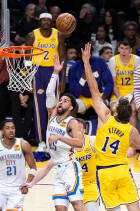 April 7, 2026, Los Angeles, California, USA: Oklahoma City ThunderÃ¢â‚¬â ¢s Ajay Mitchell (25) shoots against Los Angeles LakersÃ¢â‚¬â ¢ Maxi Kleber (14) during an NBA, Basketball Herren, USA basketball game at Crypto.com Arena on Tuesday, April 7, 2026 in Los Angeles. Los Angeles USA - ZUMAc68_ 20260407_zaf_c68_007 Copyright: xRingoxChiux
