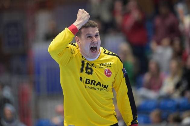 Jubel bei Nebojsa Simic (Torwart MT Melsungen 16) , GER, MT Melsungen - Fredericia HK (DEN), Handball, EHF European League Maenner, Play-Offs, Saison 2025 2026, 07.04.2026, GER, MT Melsungen - Fredericia HK, Handball, EHF Maenner, Play-Off, Saison 2025 2026, 07.04.2026 Kassel Copyright: xEibner-Pressefotox xRolandxSippelx EP_RSL
