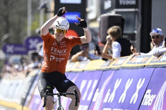 Dutch Charlotte Kool of Fenix-Premier Tech celebrates after winning the women s race of the Scheldeprijs one day cycling event, 130,3km from and to Schoten on Wednesday 08 April 2026. TOM GOYVAERTS TomxGoyvaerts  x170178693x