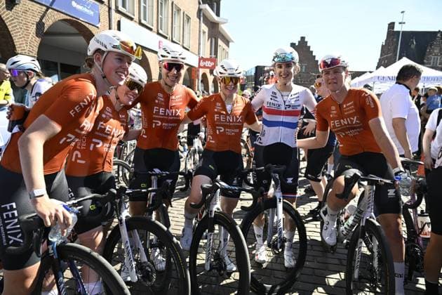 Dutch Charlotte Kool of Fenix-Premier Tech Fenix-Premier Tech riders celebrate after the women s race of the Scheldeprijs one day cycling event, 130,3km from and to Schoten on Wednesday 08 April 2026. TOM GOYVAERTS TomxGoyvaerts  x170178872x