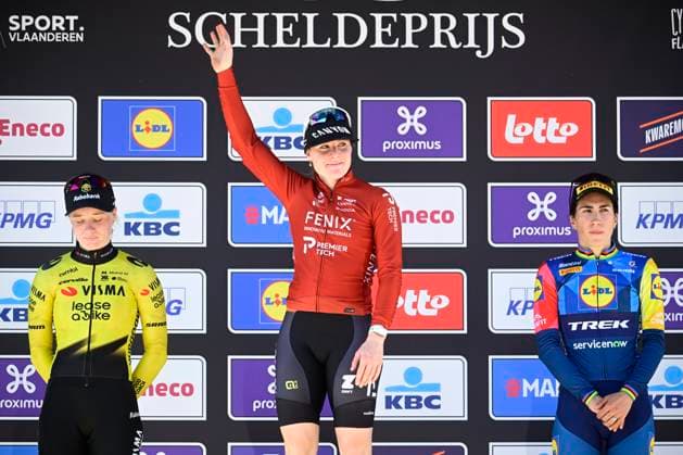 Scheldeprijs 2026 Cycling Race - Women Elite SCHOTEN, BELGIUM - APRIL 08 : Kool Charlotte (NED) of Fenix-Premier Tech first, Veenhoven Nienke (NED) of Team Visma Lease a Bike second and Balsamo Elisa (ITA) of Lidl - Trek Third during the podium ceremony of the 6th edition of Scheldeprijs an UCI ProSeries one day cycling road race for Women Elite of 130,3 km with start in Schoten and finish in Schoten on April 8, 2026 in Schoten, Belgium, 08 04 2026 Schoten Belgium  Copyright: xPeterxDexVoechtx