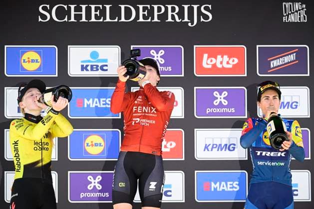 Scheldeprijs 2026 Cycling Race - Women Elite SCHOTEN, BELGIUM - APRIL 08 : Kool Charlotte (NED) of Fenix-Premier Tech first, Veenhoven Nienke (NED) of Team Visma Lease a Bike second and Balsamo Elisa (ITA) of Lidl - Trek Third during the podium ceremony of the 6th edition of Scheldeprijs an UCI ProSeries one day cycling road race for Women Elite of 130,3 km with start in Schoten and finish in Schoten on April 8, 2026 in Schoten, Belgium, 08 04 2026 Schoten Belgium  Copyright: xPeterxDexVoechtx