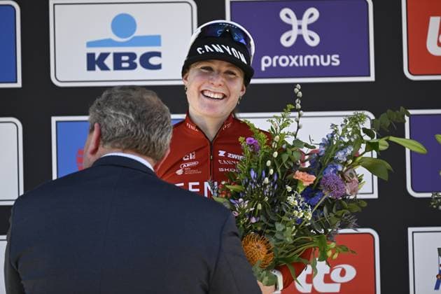 Dutch Charlotte Kool of Fenix-Premier Tech celebrates on the podium after winning the women s race of the Scheldeprijs one day cycling event, 130,3km from and to Schoten on Wednesday 08 April 2026. TOM GOYVAERTS TomxGoyvaerts  x170184900x