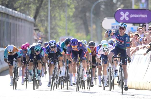 Scheldeprijs 2026 Cycling Race SCHOTEN, BELGIUM - APRIL 08 : Merlier Tim (BEL) of Soudal Quick Step win the 114th edition of Scheldeprijs an UCI ProSeries 1.Pro one day cycling road race for Men Elite of 205 km with start in Terneuzen and finish in Schoten on April 8, 2026 in Schoten, Belgium, 08 04 2026 ( Motordriver Kenny Verfaillie - Schoten Belgium  Copyright: xPeterxDexVoechtx
