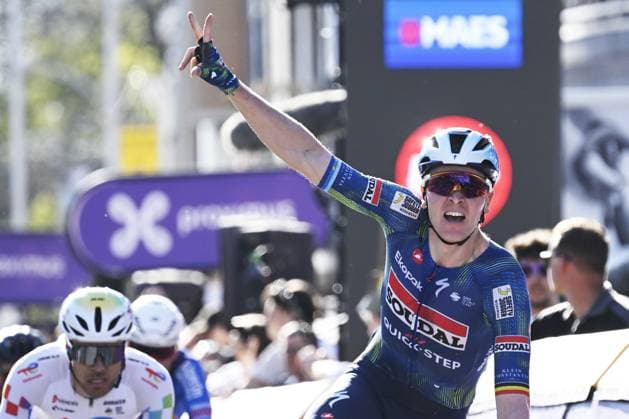 Belgian Tim Merlier of Soudal Quick-Step crosses the finish line to win the men s race of the Scheldeprijs one day cycling event, 205,2km from Terneuzen, the Netherlands to Schoten, Belgium on Wednesday 08 April 2026. TOM GOYVAERTS TomxGoyvaerts  x170202924x
