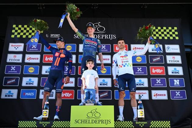 Scheldeprijs 2026 Cycling Race SCHOTEN, BELGIUM - APRIL 08 : Merlier Tim (BEL) of Soudal Quick Step first, Bittner Pavel (CZE) of Team Picnic PostNL second and Jeanniere Emilien (FRA) of TotalEnergies third during the podium ceremony of the 114th edition of Scheldeprijs an UCI ProSeries 1.Pro one day cycling road race for Men Elite of 205 km with start in Terneuzen and finish in Schoten on April 8, 2026 in Schoten, Belgium, 08 04 2026 ( Motordriver Kenny Verfaillie - Schoten Belgium  Copyright: xVincentxKalutx