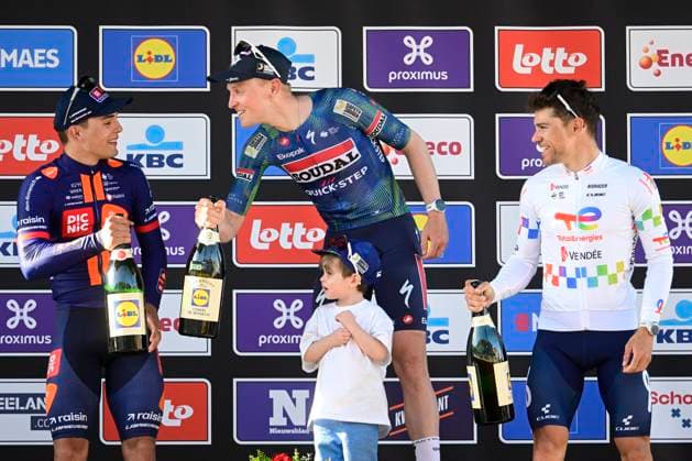 Scheldeprijs 2026 Cycling Race SCHOTEN, BELGIUM - APRIL 08 : Merlier Tim (BEL) of Soudal Quick Step first, Bittner Pavel (CZE) of Team Picnic PostNL second and Jeanniere Emilien (FRA) of TotalEnergies third during the podium ceremony of the 114th edition of Scheldeprijs an UCI ProSeries 1.Pro one day cycling road race for Men Elite of 205 km with start in Terneuzen and finish in Schoten on April 8, 2026 in Schoten, Belgium, 08 04 2026 ( Motordriver Kenny Verfaillie - Schoten Belgium  Copyright: xPeterxDexVoechtx