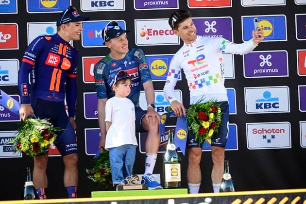 Scheldeprijs 2026 Cycling Race SCHOTEN, BELGIUM - APRIL 08 : Merlier Tim (BEL) of Soudal Quick Step first, Bittner Pavel (CZE) of Team Picnic PostNL second and Jeanniere Emilien (FRA) of TotalEnergies third during the podium ceremony of the 114th edition of Scheldeprijs an UCI ProSeries 1.Pro one day cycling road race for Men Elite of 205 km with start in Terneuzen and finish in Schoten on April 8, 2026 in Schoten, Belgium, 08 04 2026 ( Motordriver Kenny Verfaillie - Schoten Belgium  Copyright: xPeterxDexVoechtx