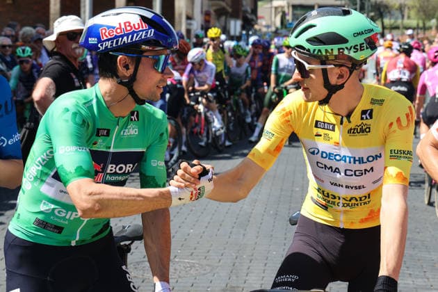 08-04-2026 Itzulia Basque Country; Tappa 03 Basauri - Basauri; 2026, Decathlon - Cma Cgm; 2026, Red Bull - Bora Hansgrohe; Seixas, Paul; Roglic, Primoz; Basauri; 