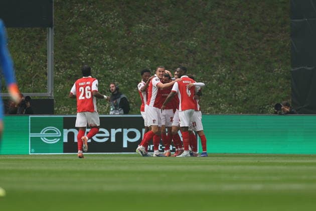 April 8, 2026, Braga, Braga, Portugal: Florian Grillitsch of Real Betis celebrates goal during UEFA Europa League 2025 26 Quarter-Final Leg One match between SC Braga and Real Betis Balompie at Estadio Municipal de Braga on April 08, 2026 in Braga, Portugal Uefa Europe League Sc Braga X Real Betis  - ZUMAe141 20260408_zsp_e141_004 Copyright: xLuisxEirasx