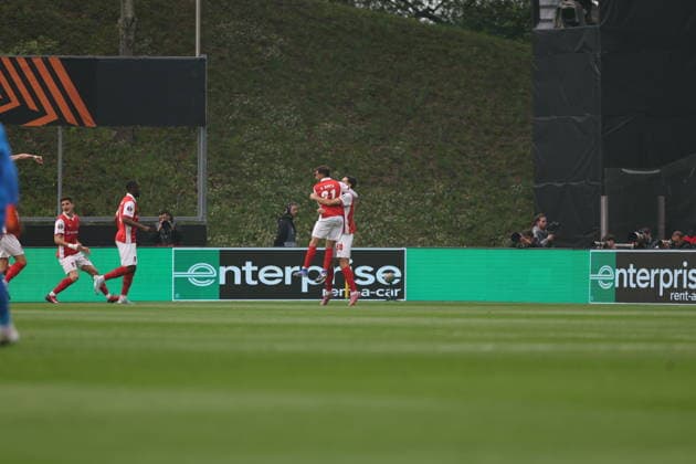 April 8, 2026, Braga, Braga, Portugal: Florian Grillitsch of Real Betis celebrates goal during UEFA Europa League 2025 26 Quarter-Final Leg One match between SC Braga and Real Betis Balompie at Estadio Municipal de Braga on April 08, 2026 in Braga, Portugal Braga Portugal - ZUMAe141 20260408_zsp_e141_002 Copyright: xLuisxEirasx