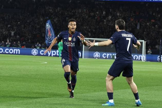 Ligue des Champions Psg Liverpool PHOTOPQR LE PARISIEN LP Fred Dugit ; Paris ; 08 04 2026 ; Sports Parc des Princes, Paris (XVIe), le 08 04 2026 Quart de finale aller de ligue des Champions Psg-Liverpool LP Fred Dugit joie sur le but du 1-0 de Désiré Doué -- 8 April 2026 Parc des Princes, Paris (16th arrondissement), France Champions League quarter-final first leg: PSG v Liverpool