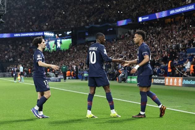 Ligue des Champions Psg Liverpool PHOTOPQR LE PARISIEN LP Fred Dugit ; Paris ; 08 04 2026 ; Sports Parc des Princes, Paris (XVIe), le 08 04 2026 Quart de finale aller de ligue des Champions Psg-Liverpool LP Fred Dugit joie sur le but du 1-0 de Désiré Doué Ousmane Dembélé Vitinha -- 8 April 2026 Parc des Princes, Paris (16th arrondissement), France Champions League quarter-final first leg: PSG v Liverpool