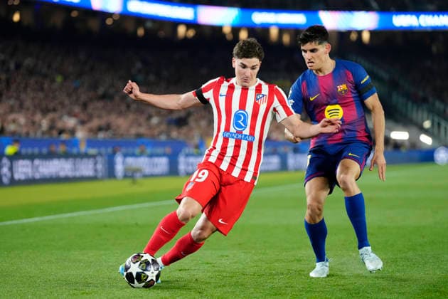 FC Barcelona, Barca v Atletico de Madrid - UEFA Champions League 2025 26 Quarter-Final First Leg Julian Alvarez centre-forward of Atletico de Madrid and Argentina and Gerard Martin left-back of Barcelona and Spain compete for the ball during the UEFA Champions League 2025 26 Quarter-Final First Leg match between FC Barcelona and Club AtlÃ tico de Madrid at Estadio Spotify Camp Nou on April 8, 2026 in Barcelona, Spain. Barcelona Spain  Copyright: xJosexBretonx originalFilename:bretonhernandez-fcbarcel260408_np9CC.jpg