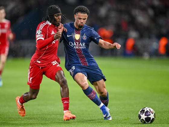 Jeremie Frimpong (Liverpool FC) and Warren Zaire-Emery (Paris Saint-Germain FC) battle for the ball during the UEFA Champions League 2025 26 Quarter-Final First Leg match between Paris Saint-Germain FC and Liverpool FC at Parc des Princes on April 8, 2026 in Paris, France. (Photo by Harry Langer DeFodi Images) -