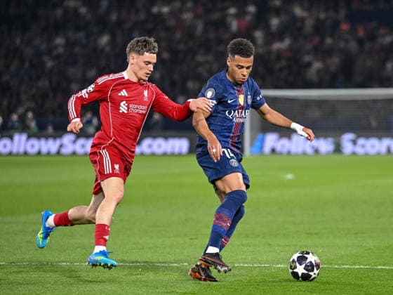 Florian Wirtz (Liverpool FC) and Desire Doue (Paris Saint-Germain FC) battle for the ball during the UEFA Champions League 2025 26 Quarter-Final First Leg match between Paris Saint-Germain FC and Liverpool FC at Parc des Princes on April 8, 2026 in Paris, France. (Photo by Harry Langer DeFodi Images) -
