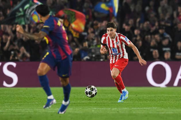 UEFA Champions League 2025 2026 quarter-final, FC Barcelona, Barca Atletico de Madrid, at Estadio Campo Nou in Barcelona Spain April 08, 2026, Barcelona, Barcelona, Spain: Julian Alvarez of Atletico de Madrid during the UEFA Champions League 2025 2026 quarter-final, FC Barcelona Atletico de Madrid, at Estadio Campo Nou in Barcelona Spain Barcelona Barcelona Spain Copyright: xPACOxLARGOx