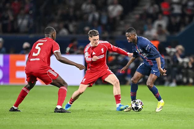 Ibrahima Konate (Liverpool FC), Florian Wirtz (Liverpool FC) and Ousmane Dembele (Paris Saint-Germain FC) battle for the ball during the UEFA Champions League 2025 26 Quarter-Final First Leg match between Paris Saint-Germain FC and Liverpool FC at Parc des Princes on April 8, 2026 in Paris, France. (Photo by Harry Langer DeFodi Images) -