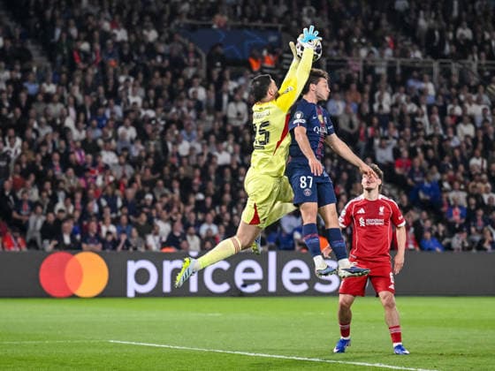 Torwart Giorgi Mamardashvili (Liverpool FC), Joao Neves (Paris Saint-Germain FC) and Milos Kerkez (Liverpool FC) battle for the ball during the UEFA Champions League 2025 26 Quarter-Final First Leg match between Paris Saint-Germain FC and Liverpool FC at Parc des Princes on April 8, 2026 in Paris, France. (Photo by Harry Langer DeFodi Images) -