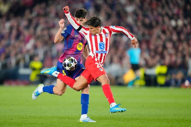 FC Barcelona, Barca v Atletico de Madrid - UEFA Champions League 2025 26 Quarter-Final First Leg Giuliano Simeone centre-forward of Atletico de Madrid and Argentina and Pau Cubarsi centre-back of Barcelona and Spain compete for the ball during the UEFA Champions League 2025 26 Quarter-Final First Leg match between FC Barcelona and Club AtlÃ tico de Madrid at Estadio Spotify Camp Nou on April 8, 2026 in Barcelona, Spain. Barcelona Spain  Copyright: xJosexBretonx originalFilename:bretonhernandez-fcbarcel260408_npCu1.jpg