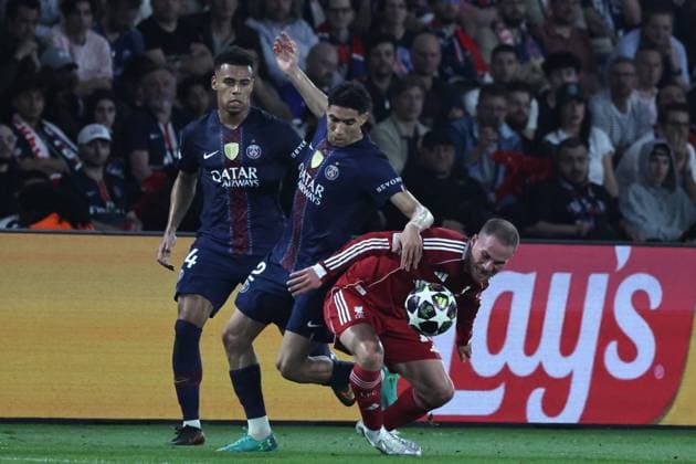 Ligue des Champions Psg Liverpool PHOTOPQR LE PARISIEN LP Fred Dugit (Staff) ; Paris ; 08 04 2026 ; Sports Parc des Princes, Paris (XVIe), le 08 04 2026 Quart de finale aller de ligue des Champions Psg-Liverpool LP Fred Dugit Achraf Hakimi Désiré Doué -- 8 April 2026 Parc des Princes, Paris (16th arrondissement), France Champions League quarter-final first leg: PSG v Liverpool