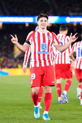FC Barcelona, Barca v Atletico de Madrid - UEFA Champions League 2025 26 Quarter-Final First Leg Julian Alvarez centre-forward of Atletico de Madrid and Argentina celebrates after scoring his sides first goal during the UEFA Champions League 2025 26 Quarter-Final First Leg match between FC Barcelona and Club AtlÃ tico de Madrid at Estadio Spotify Camp Nou on April 8, 2026 in Barcelona, Spain. Barcelona Spain  Copyright: xJosexBretonx originalFilename:bretonhernandez-fcbarcel260408_npTpt.jpg