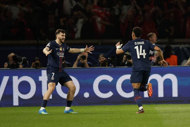 FBL-UEFA CL PSG-FC Liverpool Khvicha Kvaratskhelia (Paris Saint-Germain) and DÃ sirÃ DouÃ (Paris Saint-Germain) celebrate the goal to 1:0 during the UEFA Champions League - Quarter-Final First Leg soccer match between Paris Saint Germain and Liverpool FC at the Parc des Princes in Paris, France, April 8, 2026 Copyright: AntonioxBorga