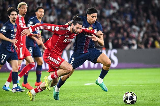 FOOTBALL : Paris Saint Germain vs Liverpool FC - Ligue des Champions - Quart de Finale - Match Aller - 08 04 2026 Achraf Hakimi (Paris SG) Dominik Szoboszlai (FC Liverpool) ParisFrance  Copyright: xBaptistexAutissierx