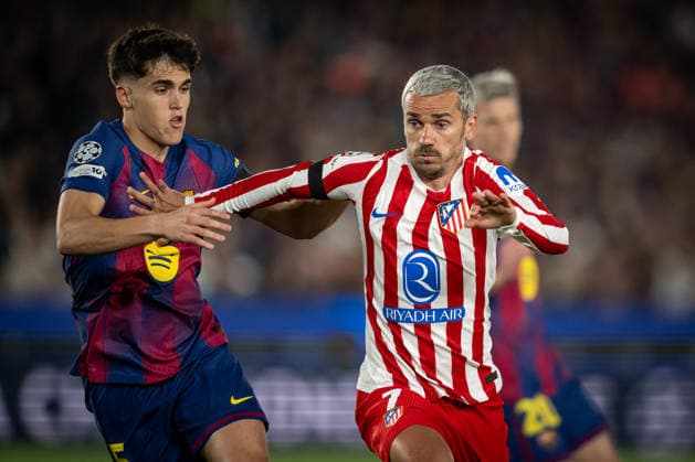 Antoine Griezmann (AtlÃ tico de Madrid) and Pau Cubarsi FC Barcelona, Barca seen in action during a UEFA Champions League match between FC Barcelona and Atletico de Madrid at Spotify Camp Nou in Barcelona, , Spain, on April 08 2026. Photo by Felipe Mondino Copyright: x@FELIPExMONDINOx