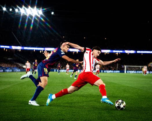 April 8, 2026, Barcelona, Barcelona, Spain: Gerard Martin (L) of FC Barcelona, Barca challenges for the ball with Julian Alvarez (R) of Atletico de Madrid during the UEFA Champions League Quarter Final match between FC Barcelona and Atletico de Madrid at Spotify Camp Nou on APRIL 8, 2026 in Barcelona, Spain. FC Barcelona V Atletico De Madrid - UEFA Champions League Quarter Final  - ZUMAs316 20260408_znp_s316_027 Copyright: xMartixSeguraxRamonedax