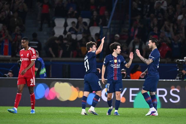 FOOTBALL : PSG vs Liverpool - Ligue des Champions - 08 04 2026 Vitinha Vitor Machado of Paris Saint Germain , Joao Pedro Goncalves Neves of Paris Saint Germain and Lucas Hernandez of Paris Saint Germain celebrates following the UEFA Champions League match between Paris Saint Germain and Liverpool FC at Parc Des Princes on April 08 , 2026 in Paris, France. ( Photo by Federico Pestellini PsnewZ ) ParisFrance  Copyright: xFedericoxPestellinix
