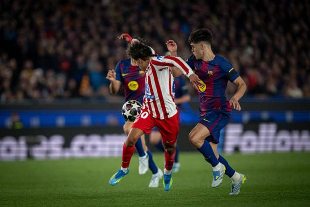 Giuliano Simeone (AtlÃ tico de Madrid) and Pau Cubarsi FC Barcelona, Barca battle for the ball during a UEFA Champions League match between FC Barcelona and Atletico de Madrid at Spotify Camp Nou in Barcelona, , Spain, on April 08 2026. Photo by Felipe Mondino Copyright: x@FELIPExMONDINOx