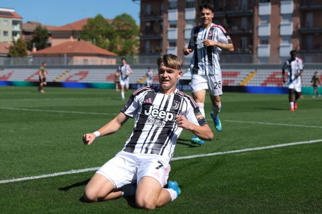 Alessandria, Italy, 8th April 2026. David Puczka of Juventus celebrates after scoring to give the side a 1-0 lead during the Juventus Next Gen vs Ternana Calcio Serie C match at Stadio Giuseppe Moccagatta, Alessandria. Picture credit should read: Jonathan Moscrop Sportimage EDITORIAL USE ONLY. No use with unauthorised audio, video, data, fixture lists, club league logos or live services. Online in-match use limited to 120 images, no video emulation. No use in betting, games or single club league player publications. SPI_036_JM_JUVENEXTGEN_TERNANA SPI-4626-0036