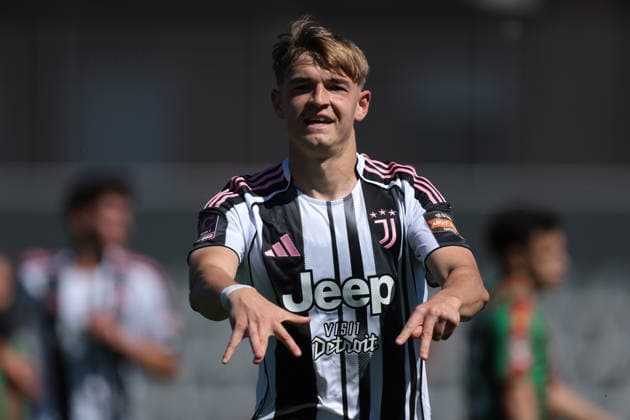 Alessandria, Italy, 8th April 2026. David Puczka of Juventus celebrates after scoring to give the side a 1-0 lead during the Juventus Next Gen vs Ternana Calcio Serie C match at Stadio Giuseppe Moccagatta, Alessandria. Picture credit should read: Jonathan Moscrop Sportimage EDITORIAL USE ONLY. No use with unauthorised audio, video, data, fixture lists, club league logos or live services. Online in-match use limited to 120 images, no video emulation. No use in betting, games or single club league player publications. SPI_051_JM_JUVENEXTGEN_TERNANA SPI-4626-0051